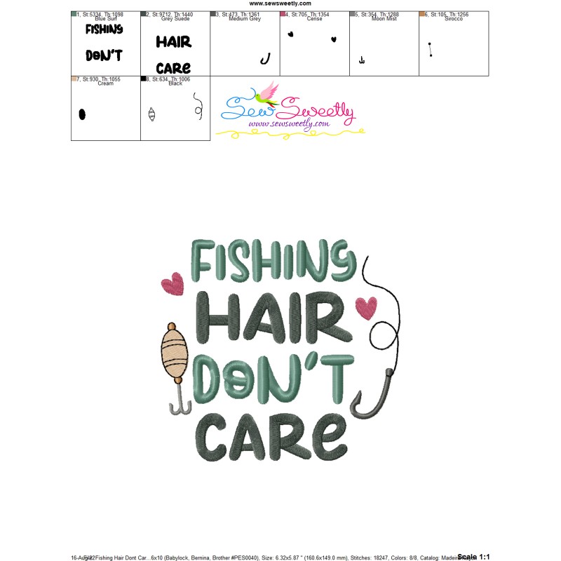 Fishing Hair Don't Care  Phrase Digitized Embroidery Design