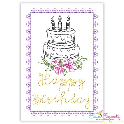 Cardstock Embroidery Design- Floral Birthday Cake Greeting Card- 1