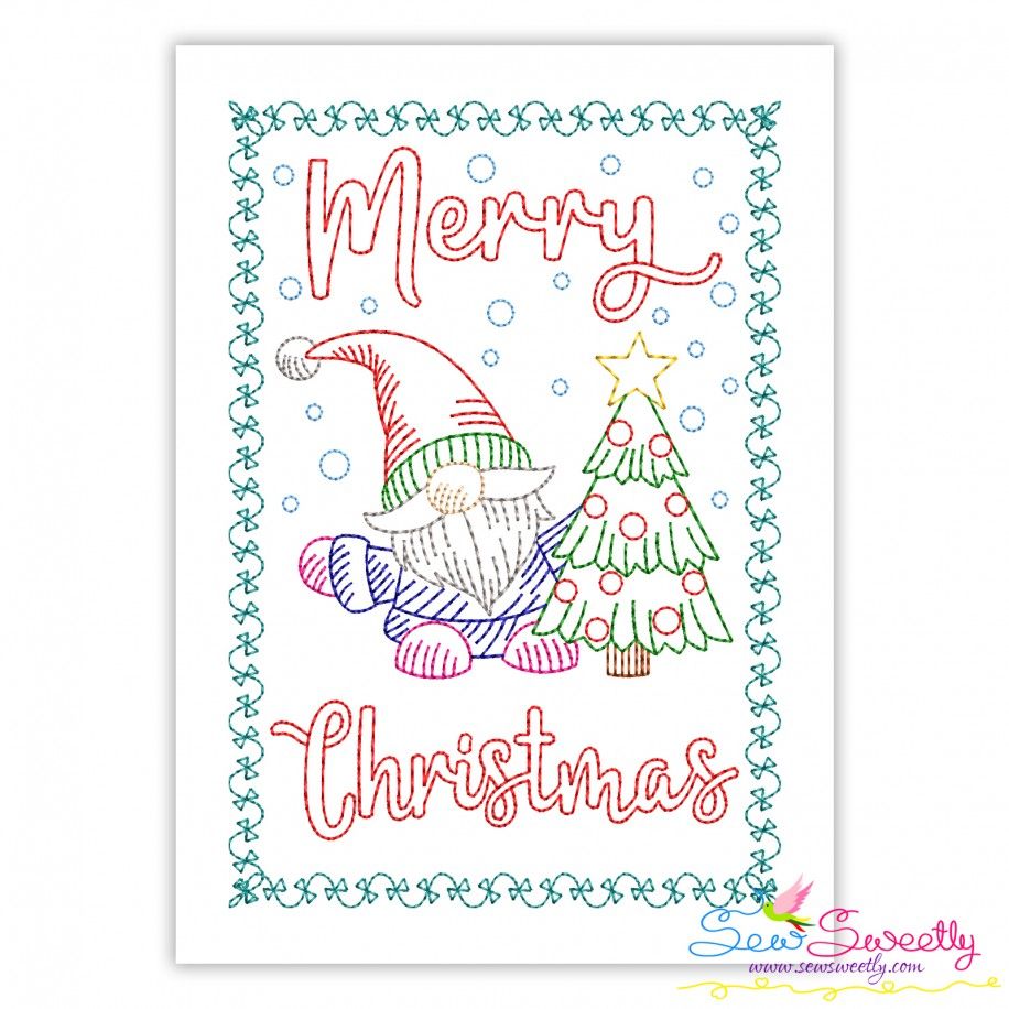 Cardstock Embroidery Design Pattern- Merry Christmas Gnome And Tree Greeting Card