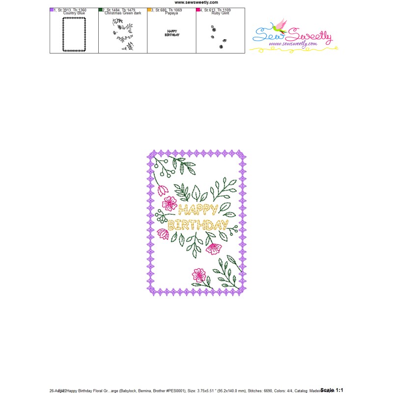 Cardstock Embroidery Design Pattern- Happy Birthday Floral Greeting Card