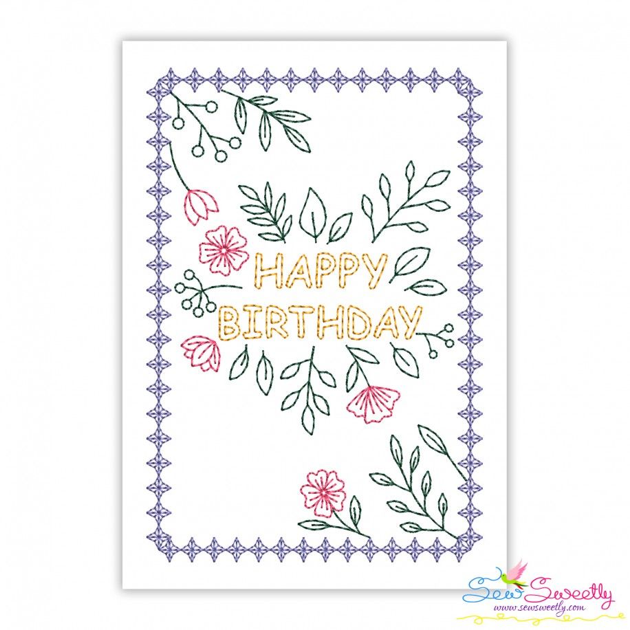 Cardstock Embroidery Design Pattern- Happy Birthday Floral Greeting Card-1
