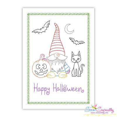 Cardstock Embroidery Design Pattern- Happy Halloween Gnome And Cat-1