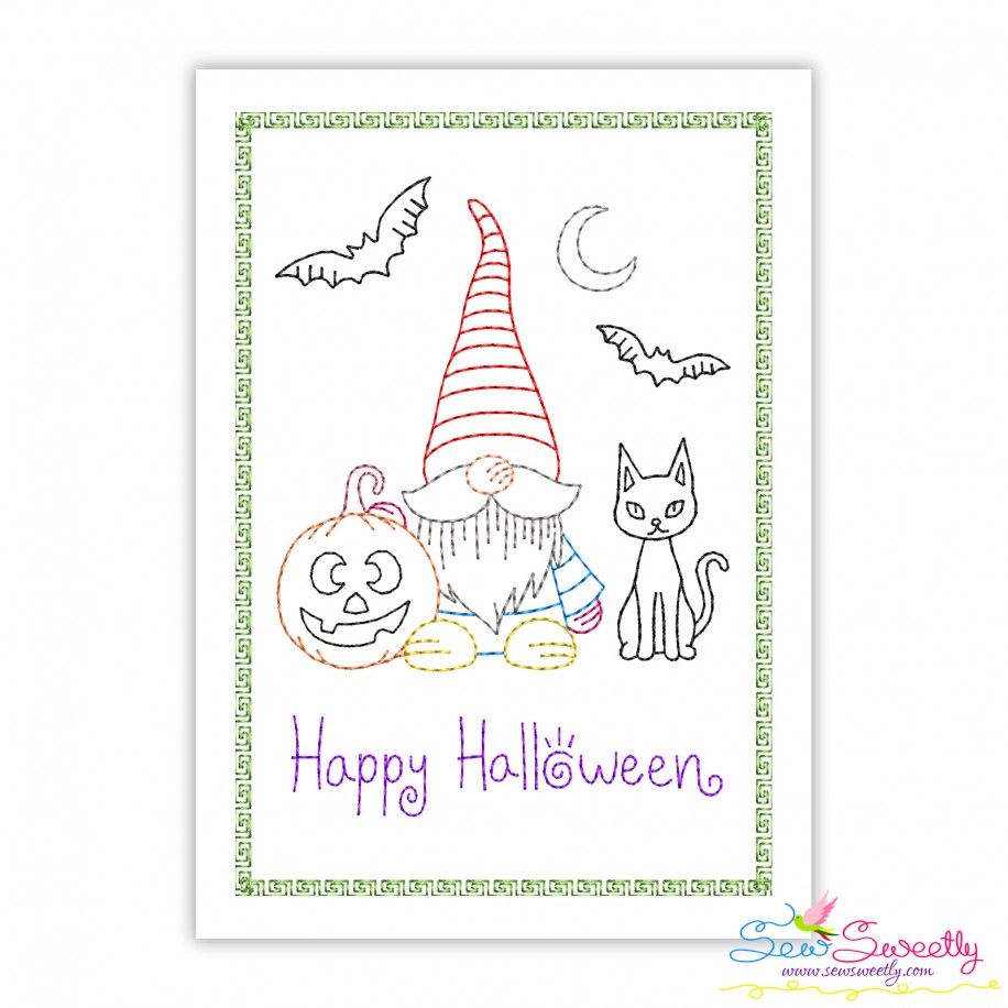 Cardstock Embroidery Design- Happy Halloween Gnome And Cat