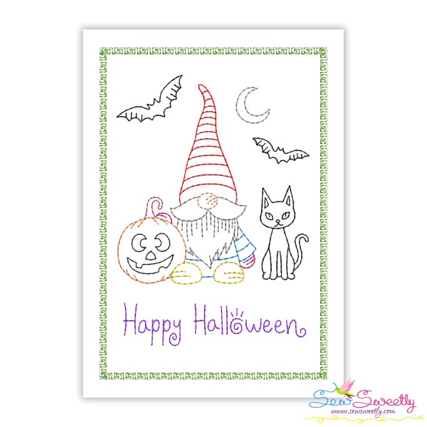 Cardstock Embroidery Design Pattern- Happy Halloween Gnome And Cat-1