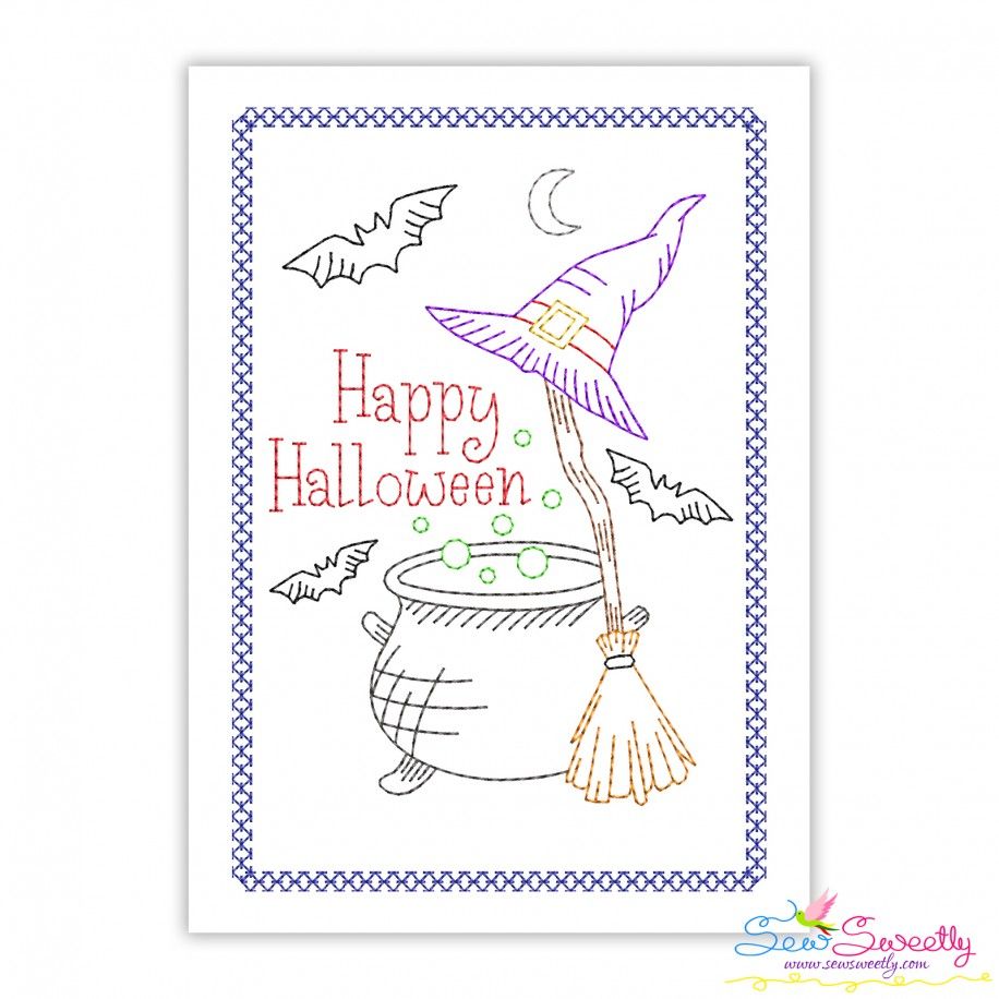 Cardstock Embroidery Design Pattern- Happy Halloween Witch Hat And Broom-1