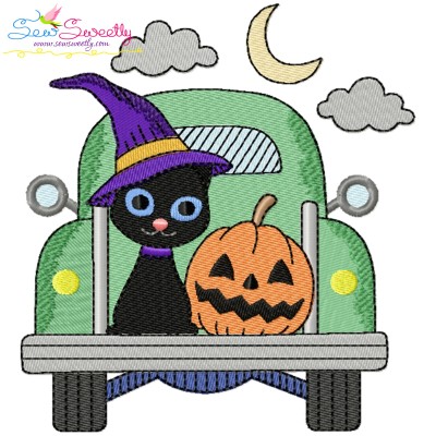 Halloween Truck Pumpkin And Cat Embroidery Design Pattern-1