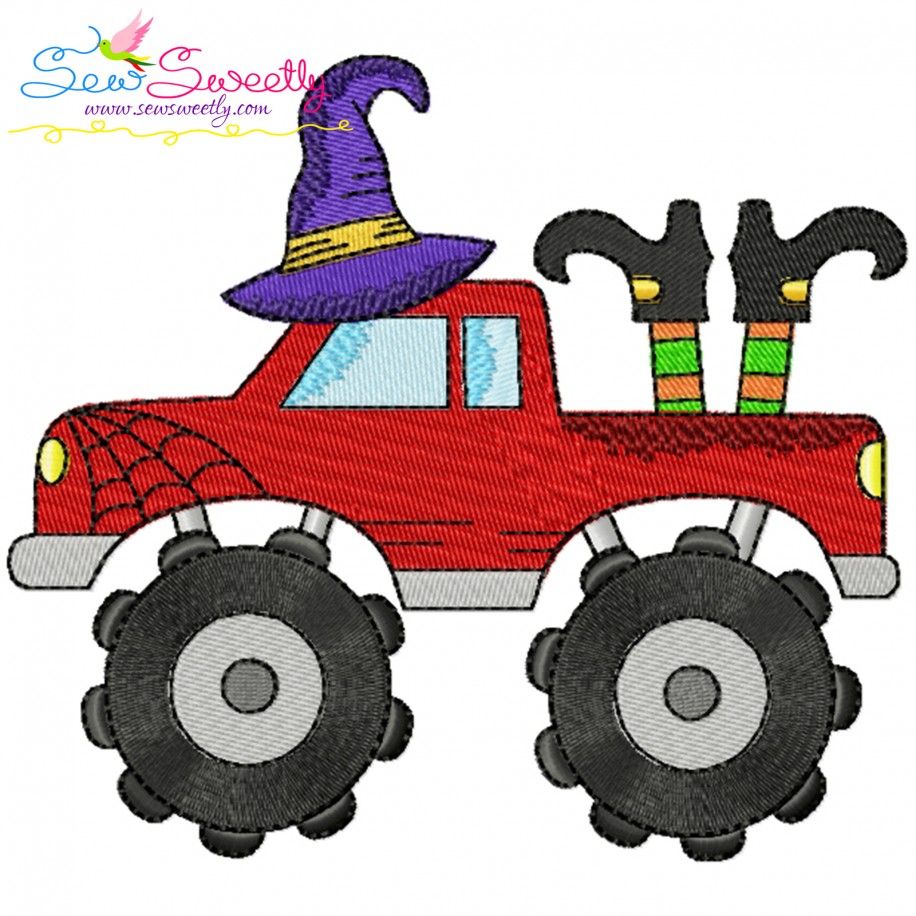 Halloween Monster Truck Witch Legs And Hat Embroidery Design Pattern