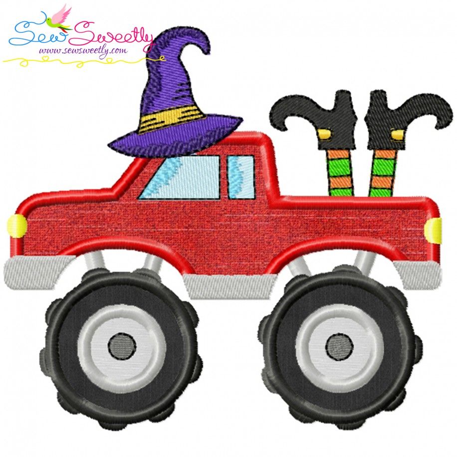 Halloween Monster Truck Witch Legs And Hat Applique Design Pattern