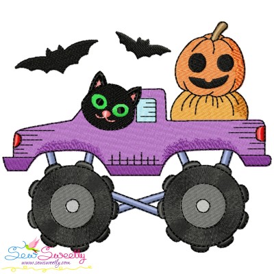 Halloween Monster Truck Pumpkins And Cat Embroidery Design Pattern-1