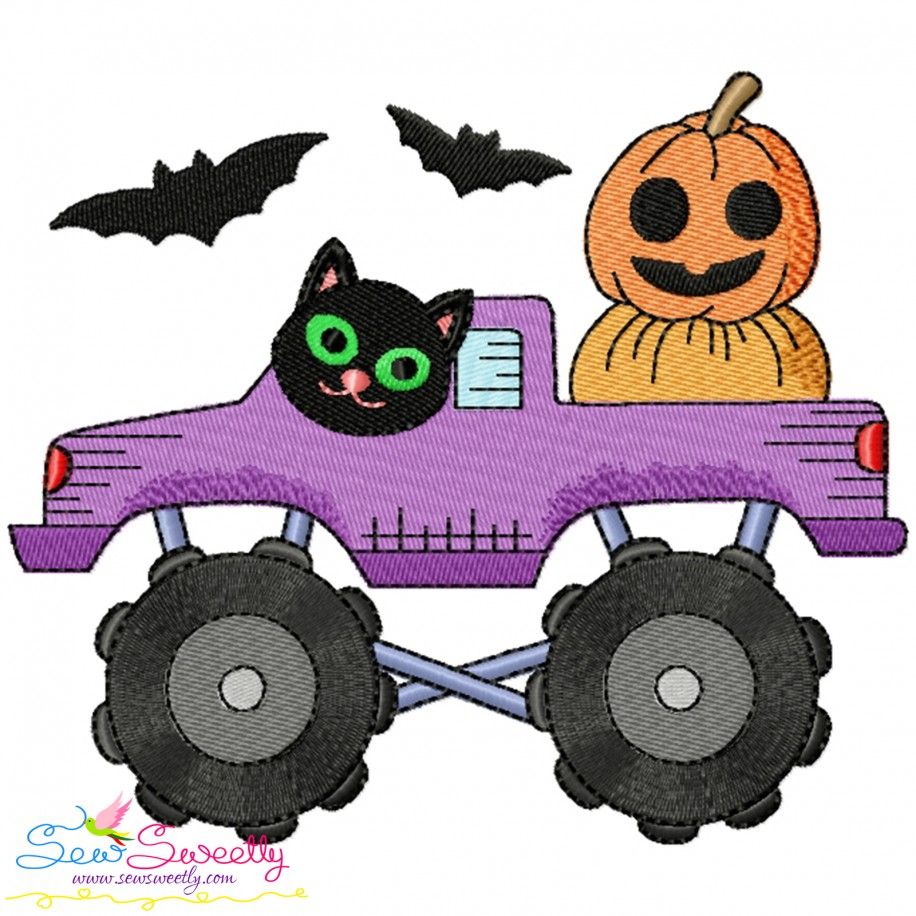 Halloween Monster Truck Pumpkins And Cat Embroidery Design- 1