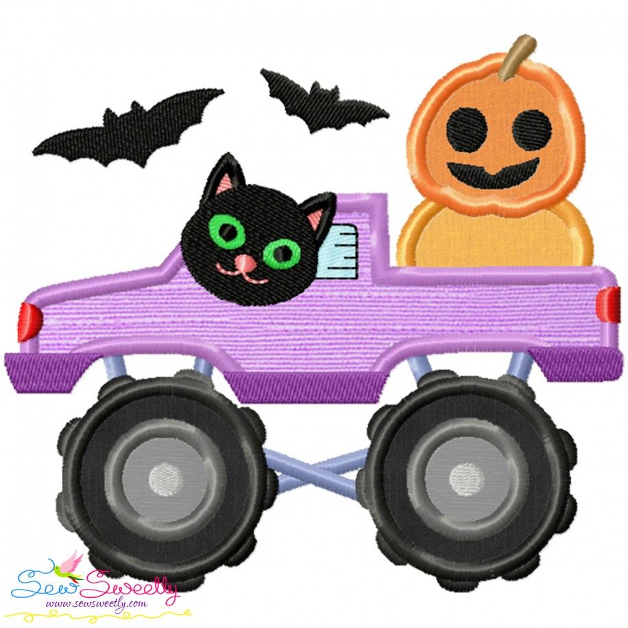 Halloween Monster Truck Pumpkins And Cat Applique Design