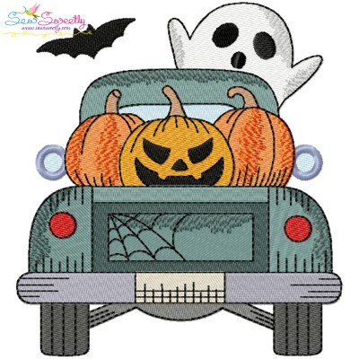 Halloween Truck Pumpkins And Ghost Embroidery Design Pattern-1