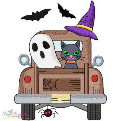 Halloween Truck Cat And Ghost Embroidery Design Pattern-1