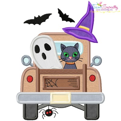 Halloween Truck Cat And Ghost Applique Design Pattern-1