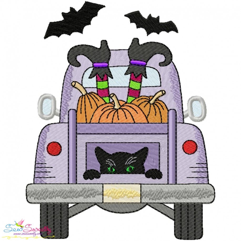 Halloween Truck Witch Legs And Pumpkins Embroidery Design Pattern