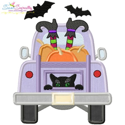 Halloween Truck Witch Legs And Pumpkins Applique Design Pattern-1