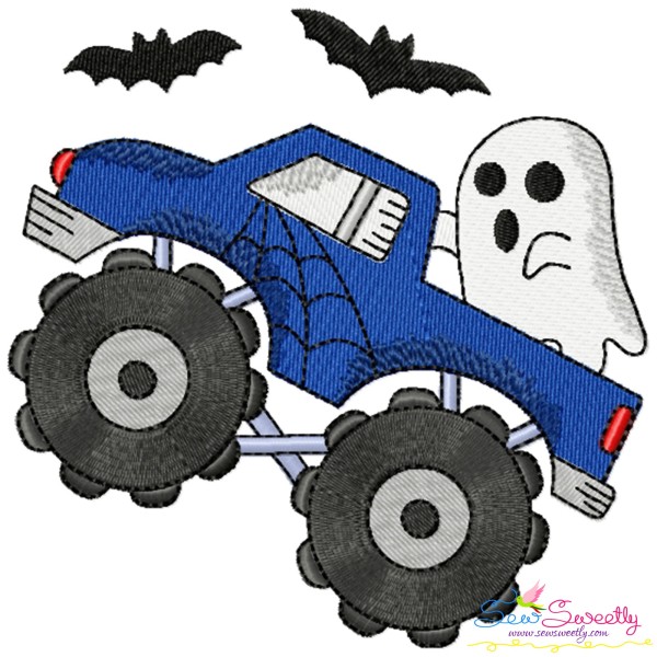 Halloween Monster Truck Ghost Embroidery Design Pattern-1