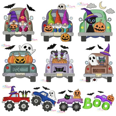 Halloween Trucks Filled Stitch Embroidery Design Bundle- 1