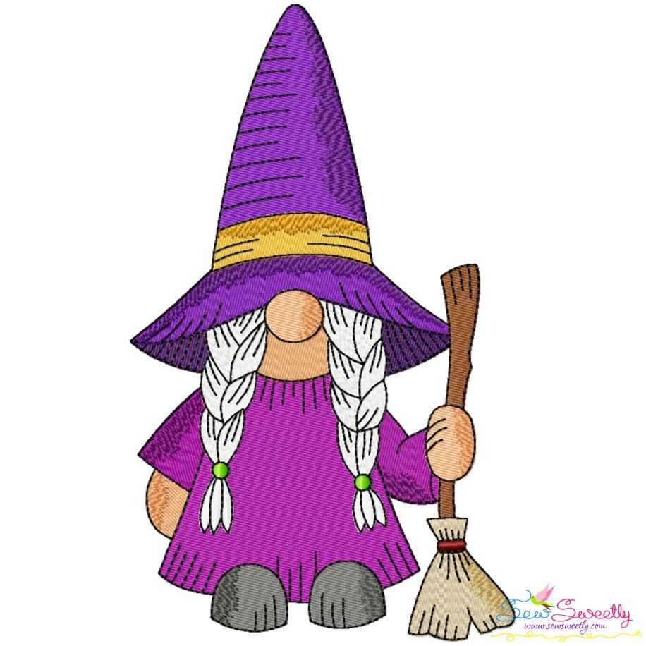 Halloween Girl Gnome Broom Embroidery Design Pattern