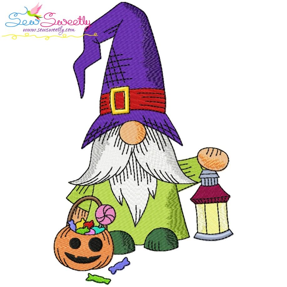 Halloween Gnome Candy And Lantern Embroidery Design Pattern