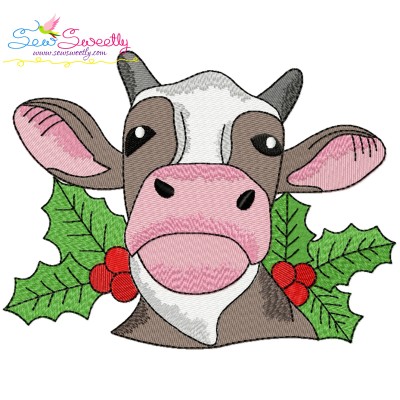 Christmas Cow With Holly Leaves Embroidery Design Pattern-1