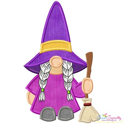 Halloween Girl Gnome Broom Applique Design Pattern-1