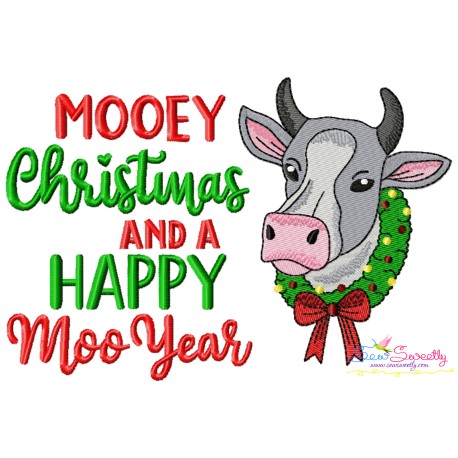 Mooey Christmas And a Happy Moo Year Cow Embroidery Design- 1