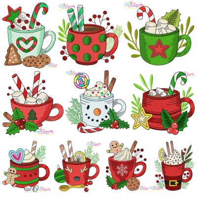 Christmas Hot Chocolate Cups Embroidery Design Bundle- 1