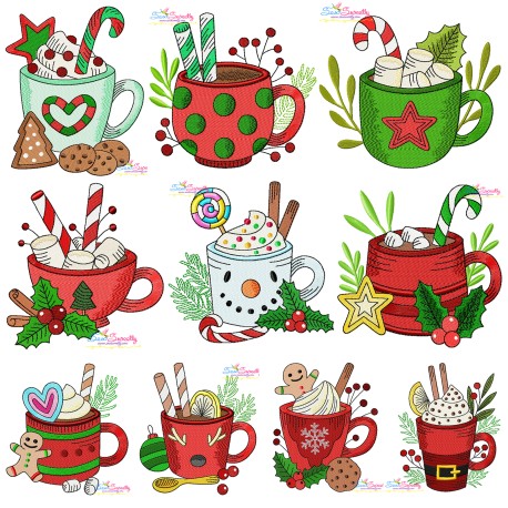 Christmas Hot Chocolate Cups Embroidery Design Pattern Bundle-1