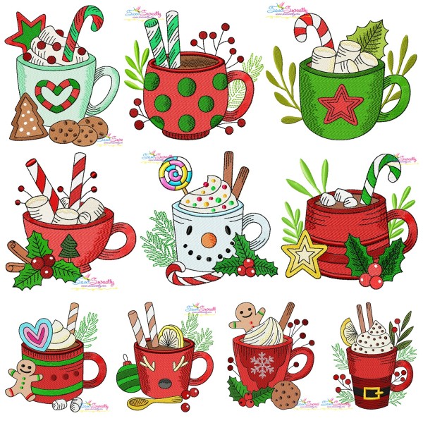Christmas Hot Chocolate Cups Embroidery Design Bundle-1