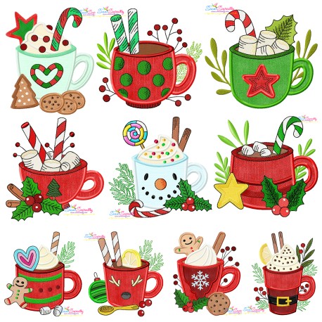Christmas Hot Chocolate Cups Applique Design Pattern Bundle-1