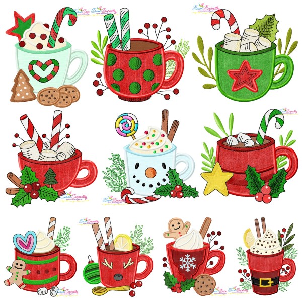 Christmas Hot Chocolate Cups Applique Design Bundle-1