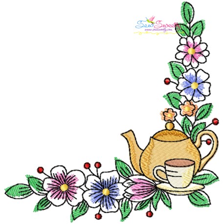 Floral Cup And Teapot Corner-3 Kitchen Embroidery Design Pattern