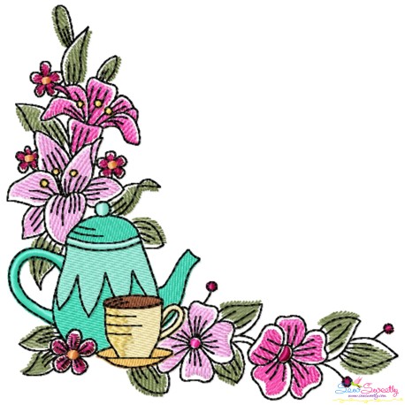 Floral Cup And Teapot Corner-1 Kitchen Embroidery Design Pattern