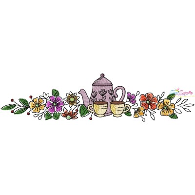 Floral Cup And Teapot Border-6 Kitchen Embroidery Design Pattern-1