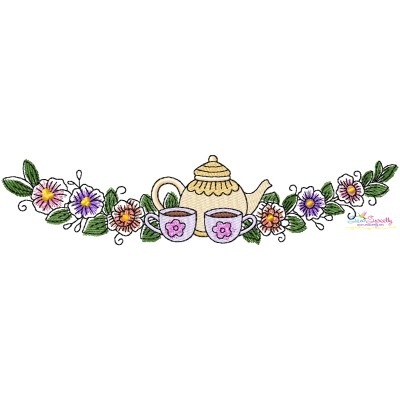 Floral Cup And Teapot Border-5 Kitchen Embroidery Design Pattern-1