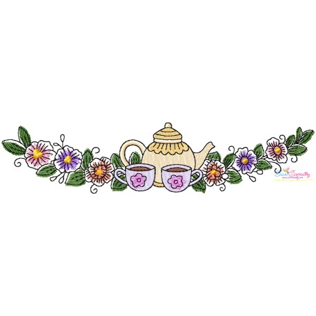 Floral Cup And Teapot Border-5 Kitchen Embroidery Design Pattern