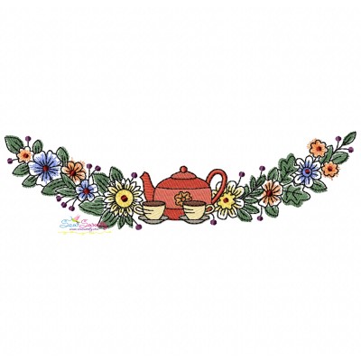 Floral Cup And Teapot Border-3 Kitchen Embroidery Design Pattern-1