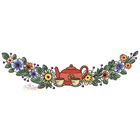 Floral Cup And Teapot Border-3 Kitchen Embroidery Design Pattern