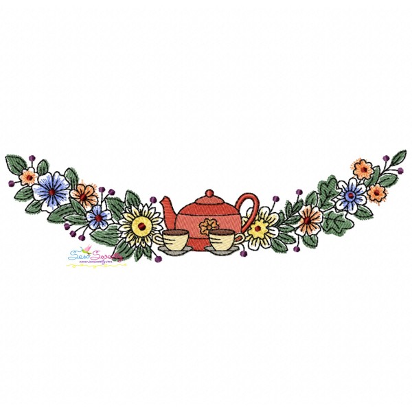 Floral Cup And Teapot Border-3 Kitchen Embroidery Design Pattern-1