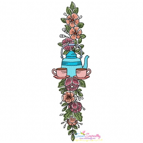 Floral Cup And Teapot Border-2 Kitchen Embroidery Design Pattern