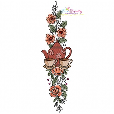 Floral Cup And Teapot Border-1 Kitchen Embroidery Design Pattern-1