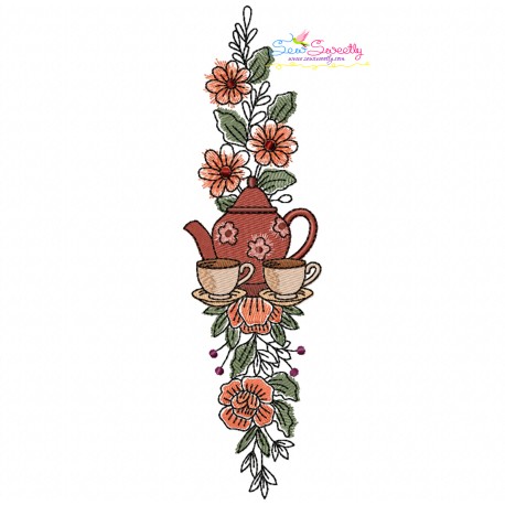 Floral Cup And Teapot Border-1 Kitchen Embroidery Design Pattern