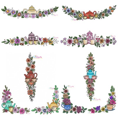 Floral Cup And Teapot Borders Kitchen Embroidery Design Bundle- 1