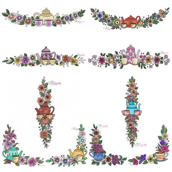 Floral Cup And Teapot Borders Kitchen Embroidery Design Bundle-1