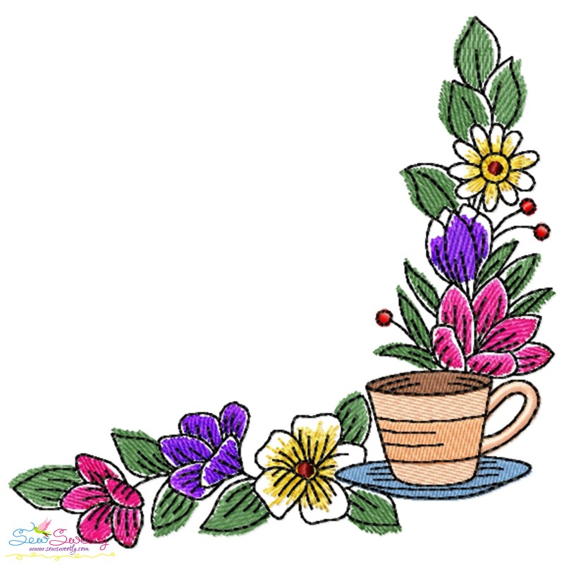 Floral Cup And Teapot Borders Kitchen Embroidery Design Pattern Bundle
