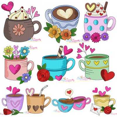 Valentine's Hot Chocolate Cups Embroidery Design Pattern Bundle-1