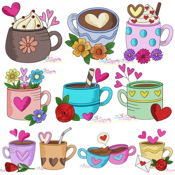 Valentine's Hot Chocolate Cups Embroidery Design Bundle-1