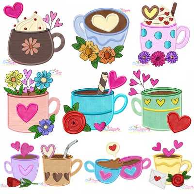 Valentine's Hot Chocolate Cups Applique Design Bundle- 1