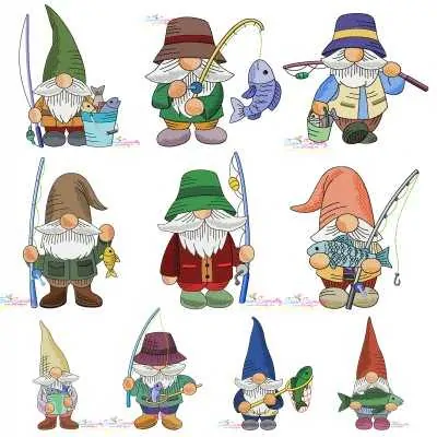 Boy Fishing Gnomes Embroidery Design Bundle-1